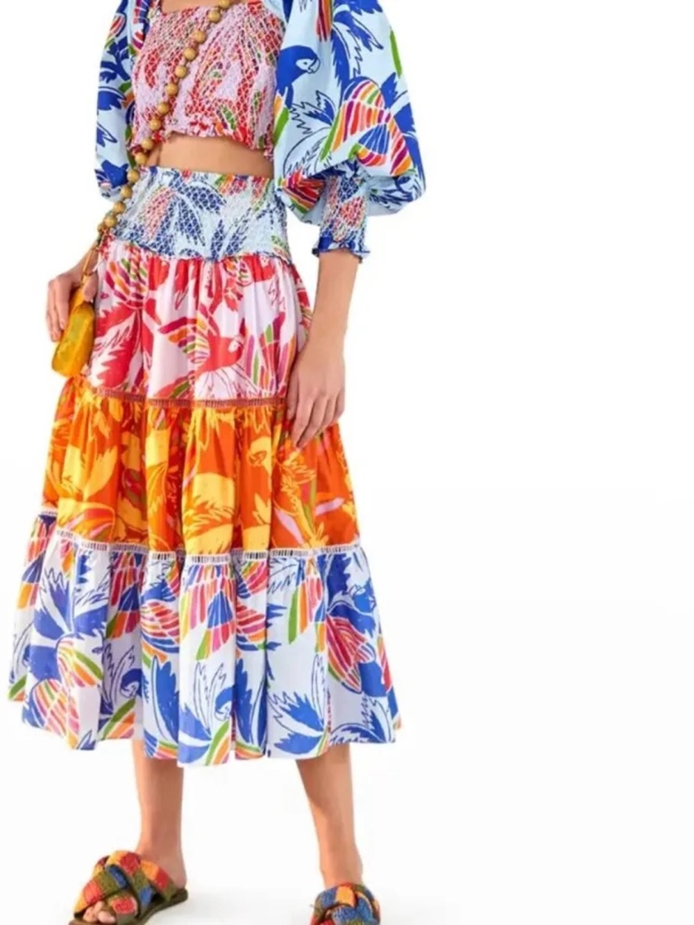 Farm Rio Colorful Birds Tiered Floral Midi Skirt - Multi